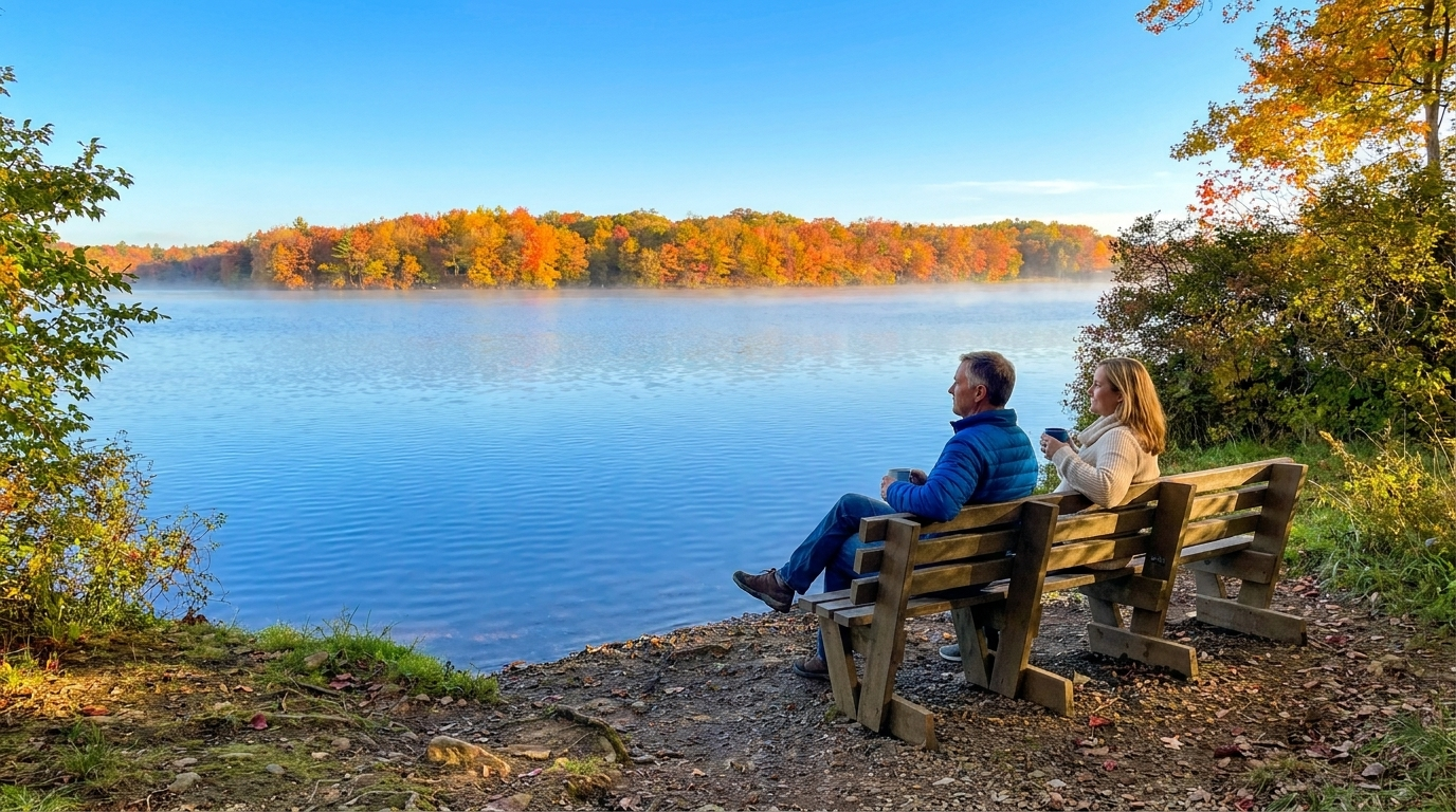 Two people sit on a bench by a calm blue lake with autumn trees reflecting on the water.