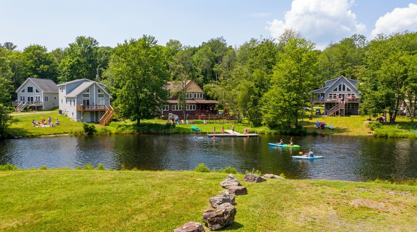 Lakeside neighborhood with houses, green trees, and a small pond under a bright blue sky.