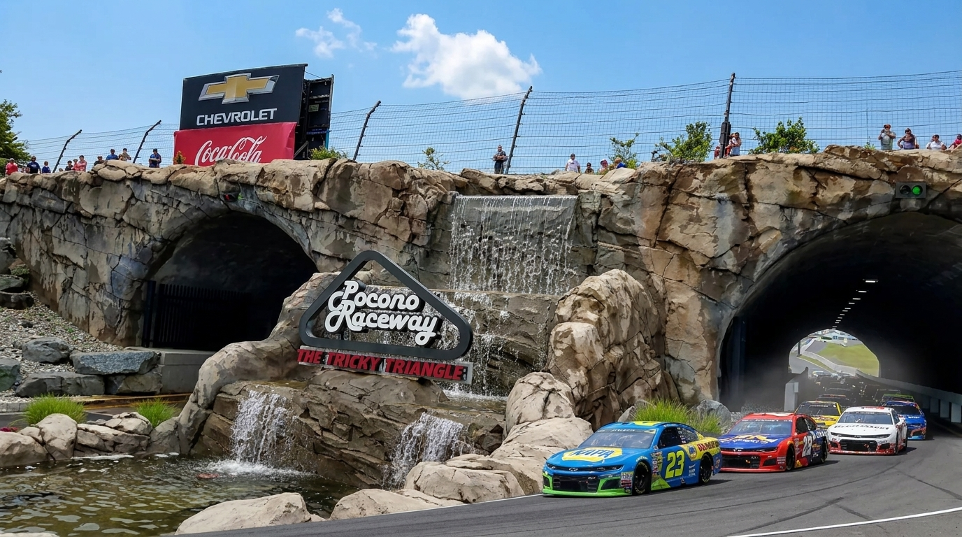 Racing cars exiting rocky tunnel on a road course with a “Bubba’s” sign overhead