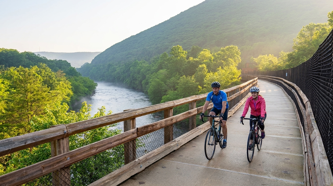 Two cyclists ride along a winding bridge beside a river in a green mountain valley at sunrise.