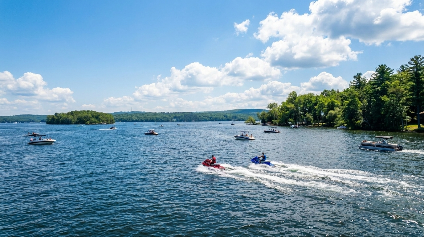 Jet skis speeding across a blue lake under a bright sky, with wooded shoreline in the distance