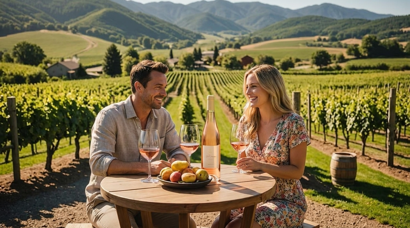 Two people chatting at a vineyard table with wine and fruit, mountains in the background
