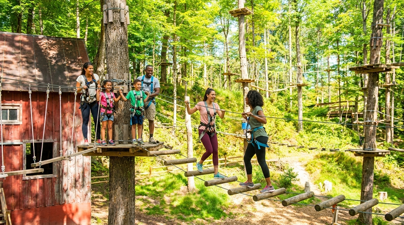 People crossing rope bridges in a forest adventure park near a red cabin