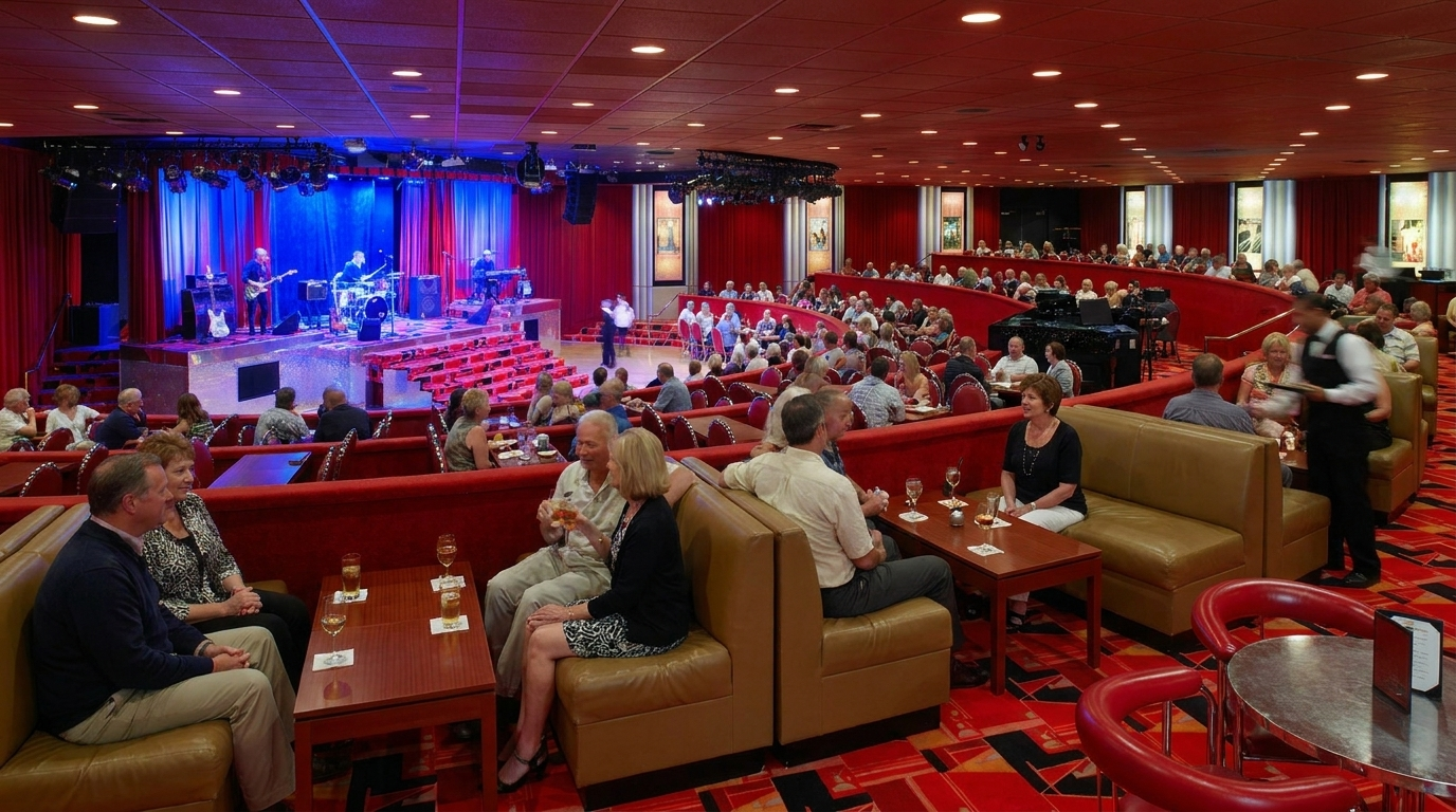 Cruise ship lounge with passengers seated around a stage lit in blue and purple