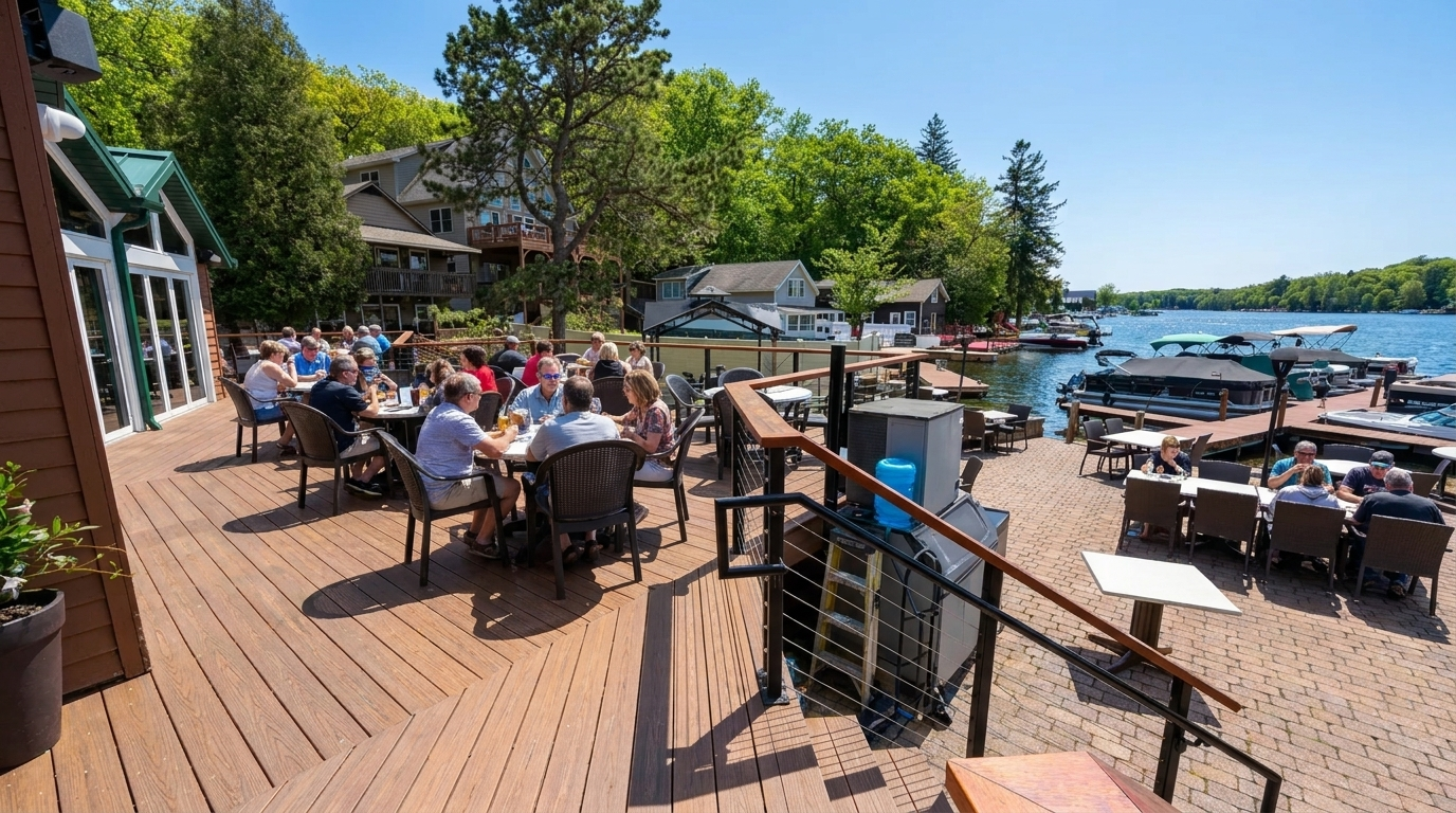 Outdoor lakeside restaurant patio with diners, wooden deck, and blue water on a sunny day