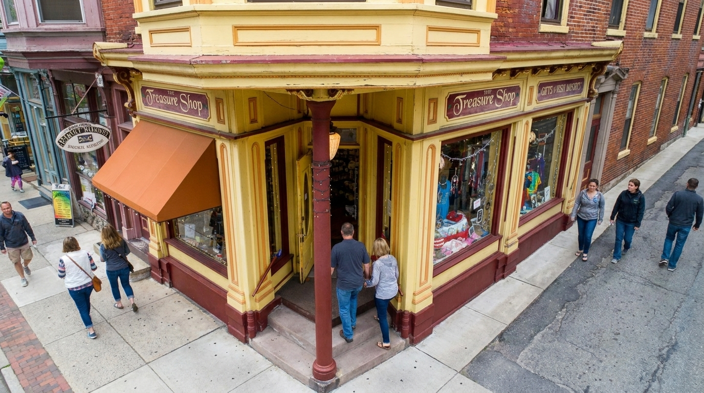Corner storefront with yellow-and-red trim and awning, pedestrians walking along a city sidewalk.