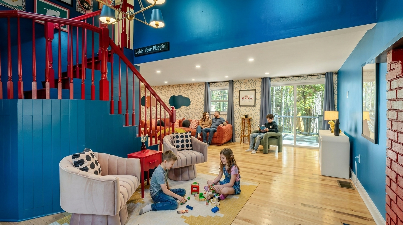 Bright blue living room with red staircase, children playing on the floor, and sunlight through large windows