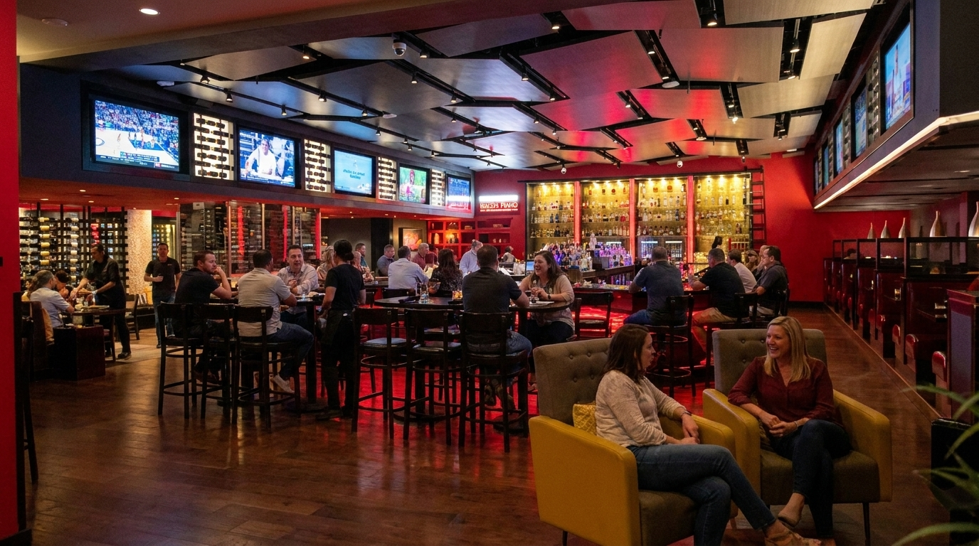 Busy modern restaurant interior with red lighting, digital menu boards, and people dining at tables.