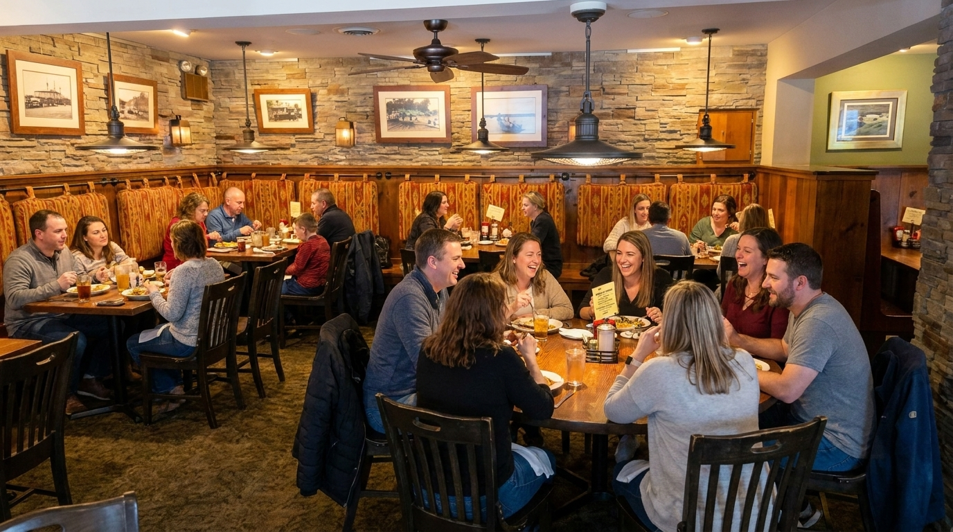 Busy pub dining room with groups of people seated at wooden tables under warm brick walls and framed pictures
