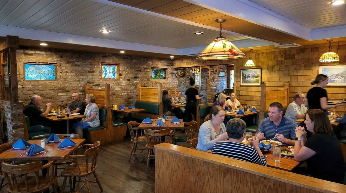 Busy brick-walled restaurant with diners seated at tables under warm hanging lamps