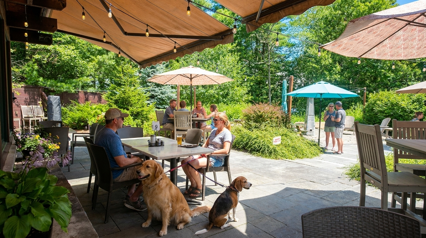 Outdoor café patio with people dining under tan umbrellas, with dogs at a table and lush green garden surroundings