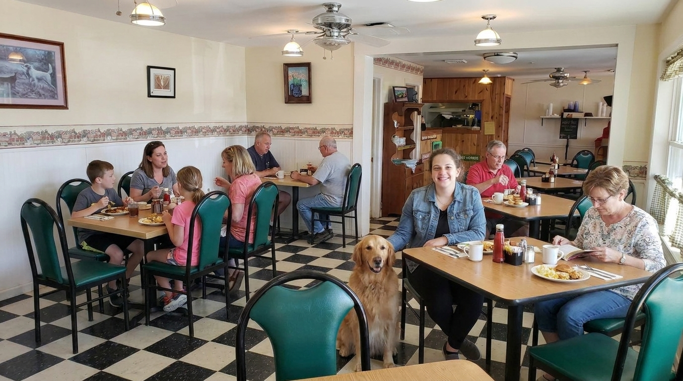 People dining in a cozy restaurant with checkered floors, green chairs, and a dog by the front table