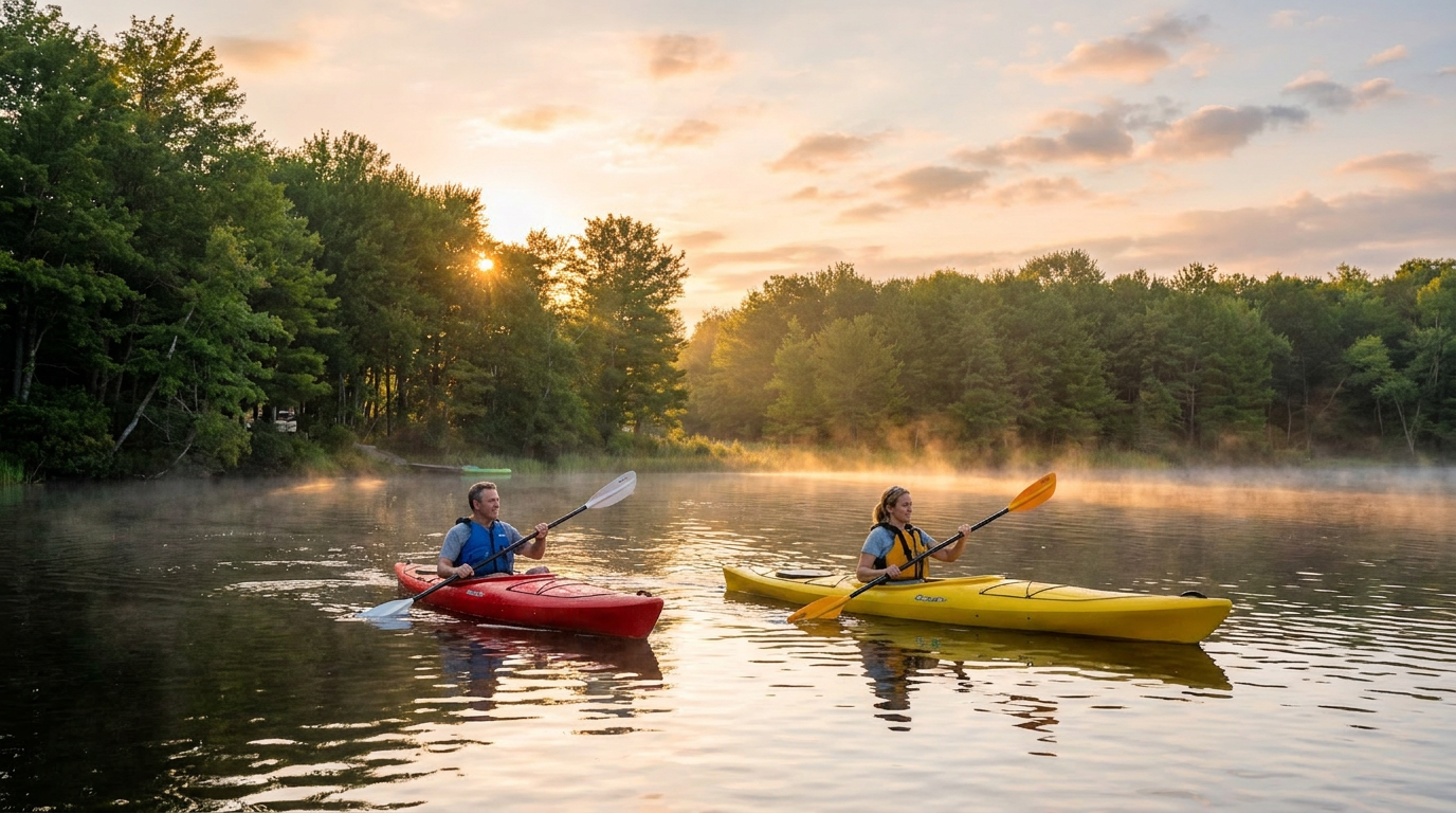 Two kayakers in red and yellow boats on a misty river at sunrise, surrounded by trees