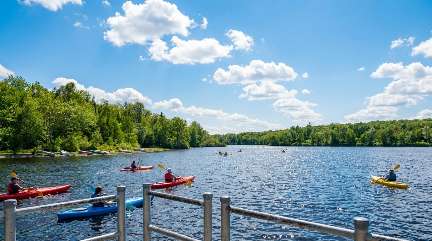 Kayakers on a sunny lake with blue water, green shoreline, and a partly cloudy sky