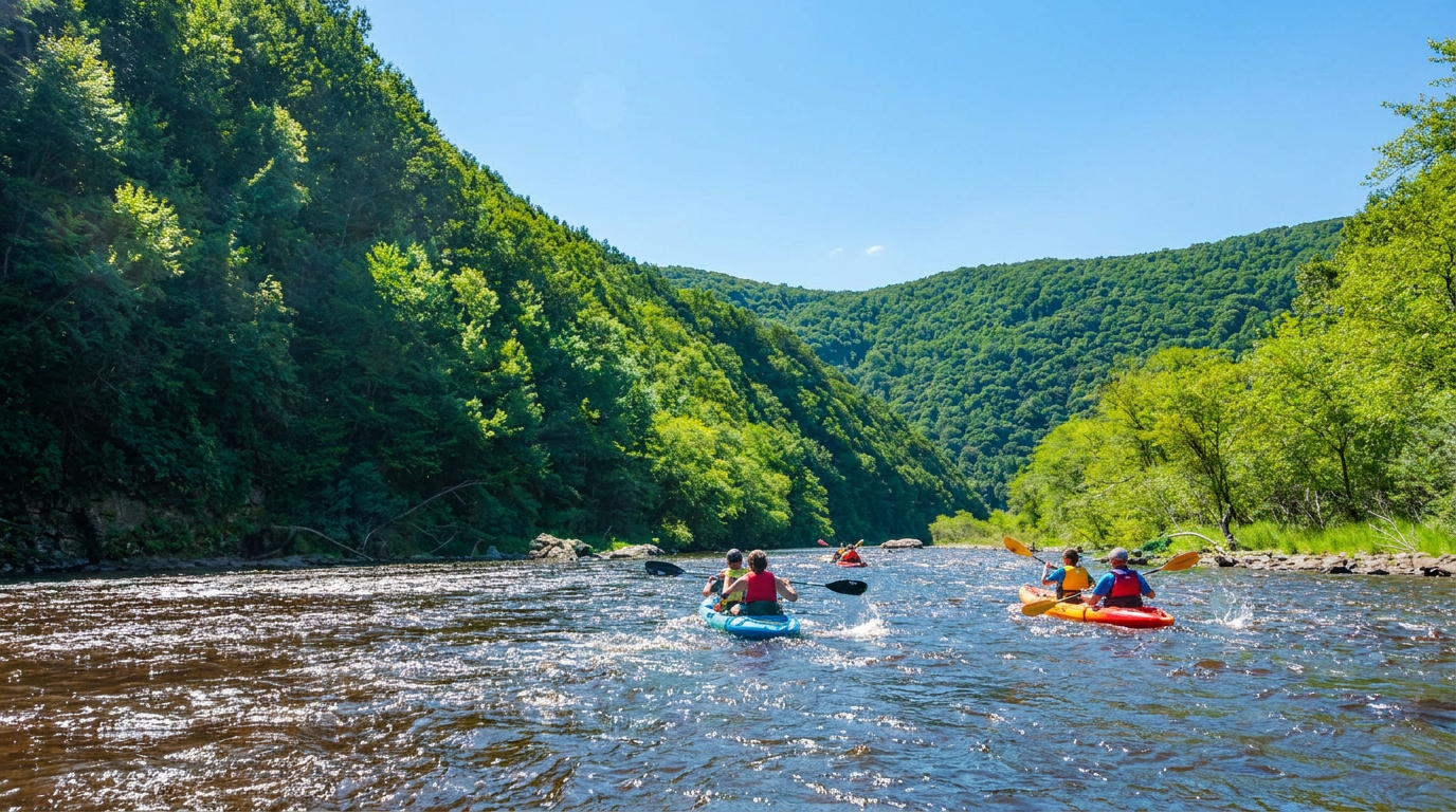 Kayakers paddling down a sparkling river surrounded by lush green forested hills
