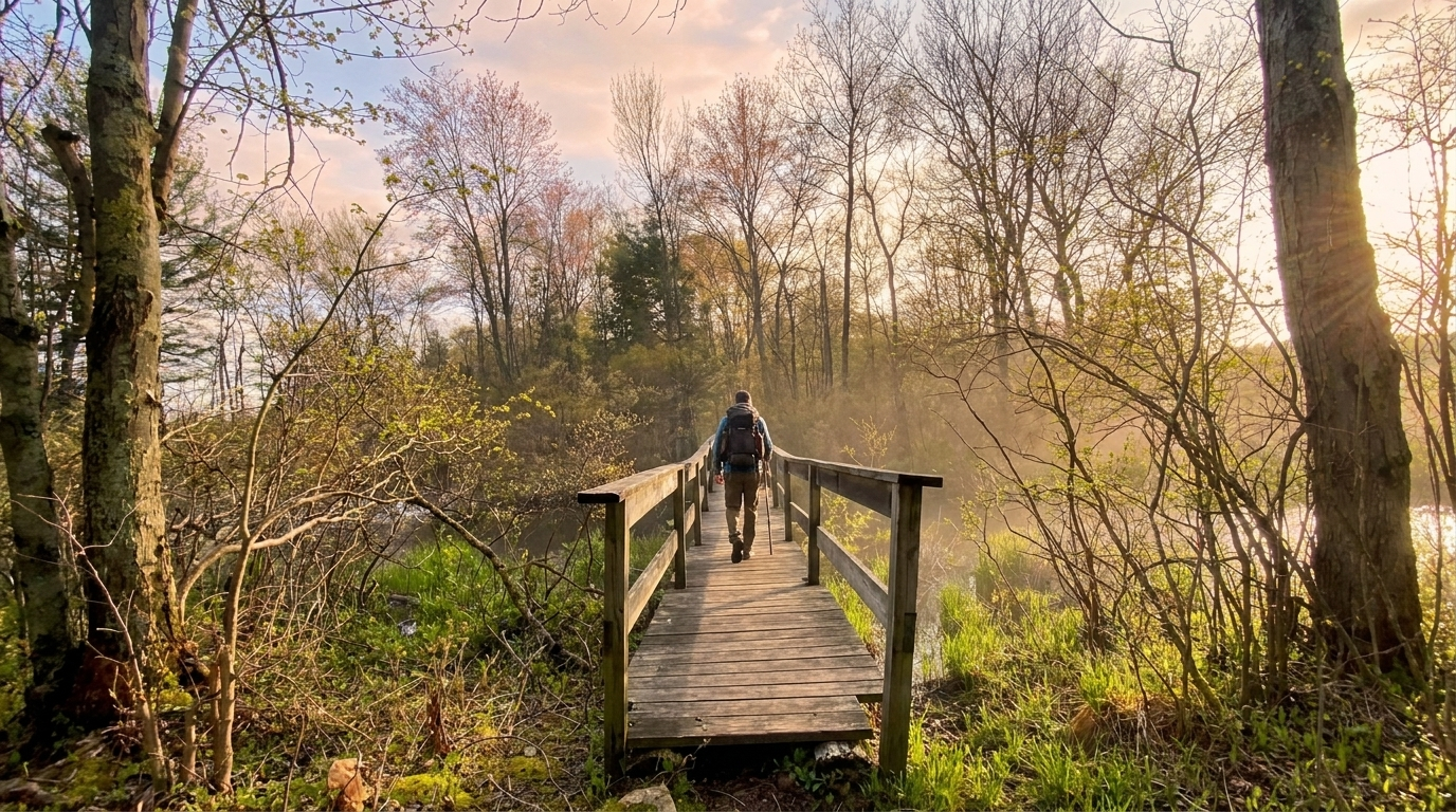 Person walking on a wooden footbridge through a wooded wetland in autumn.
