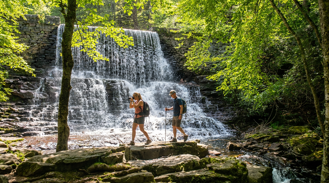 Two hikers crossing rocks in front of a small waterfall in a sunlit forest