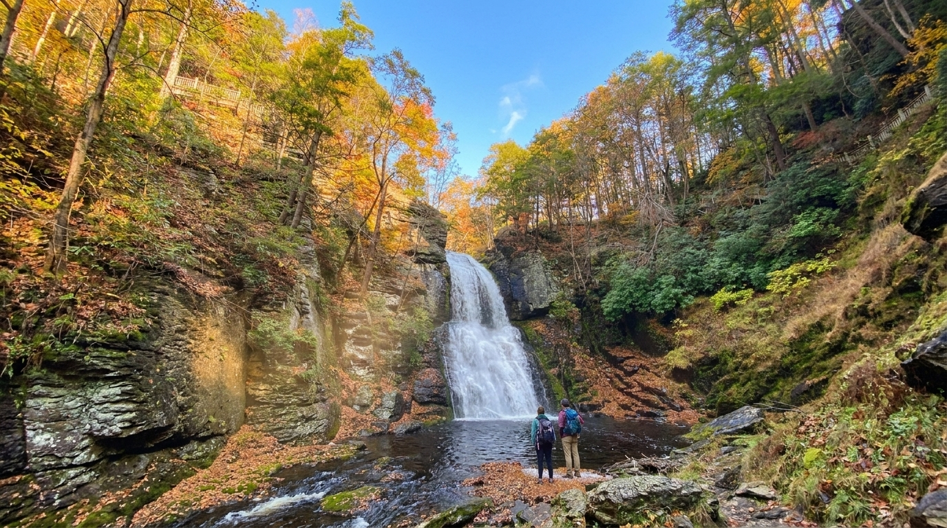 Waterfall in a rocky autumn gorge with two people standing on the streambed below