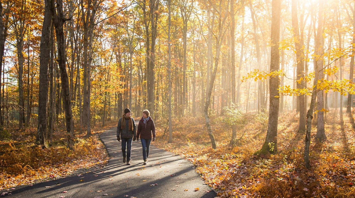 Two people walking on a sunlit forest path in autumn, surrounded by golden trees and fallen leaves