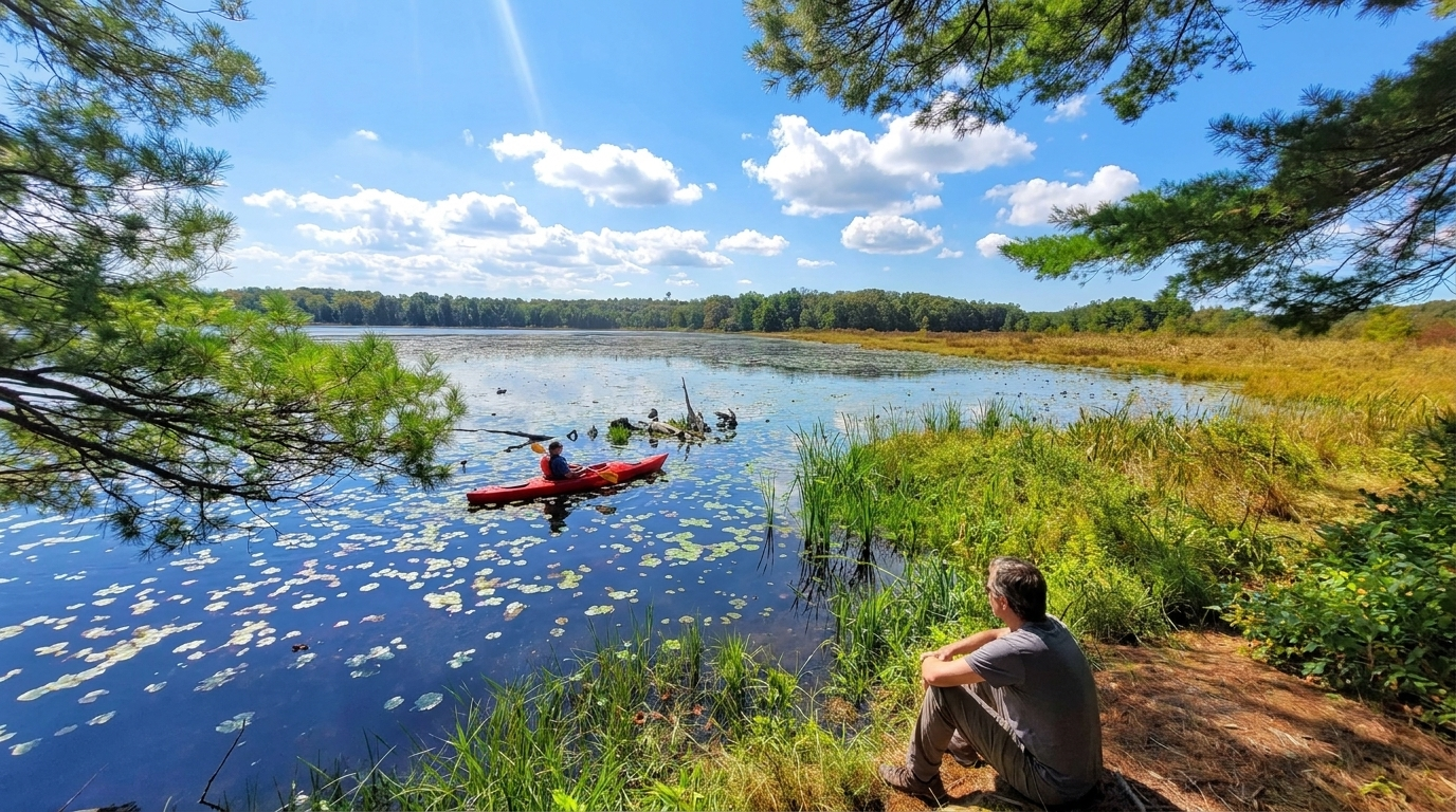 Canoe on a blue lake with lily pads, viewed from shore where a person sits under a tree on a sunny day