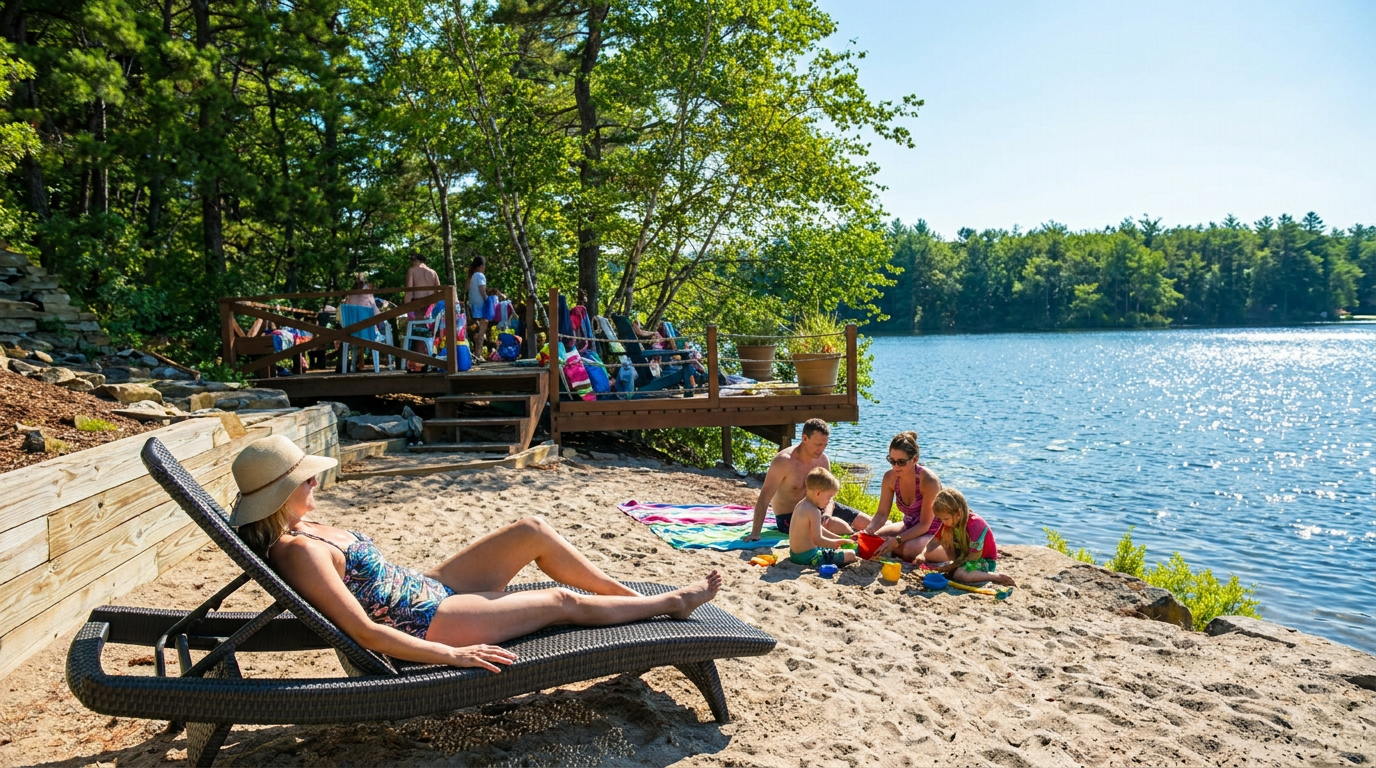 People lounging on a sandy lakeshore under trees beside a calm blue lake