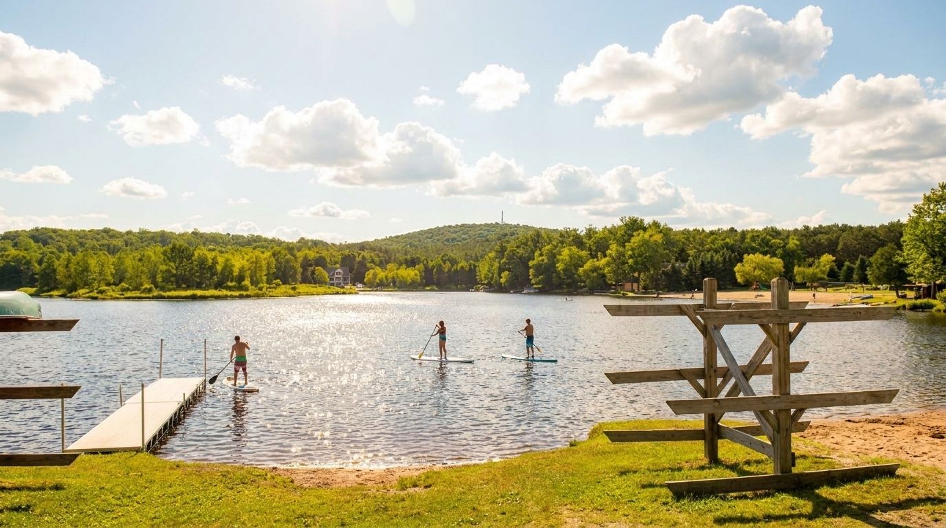 Sunny lakeside beach with people swimming, dock, and picnic tables under a partly cloudy sky