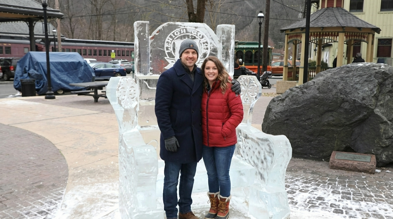 Two people posing on a white ice throne in a snowy outdoor plaza, with buildings and rocks in the background
