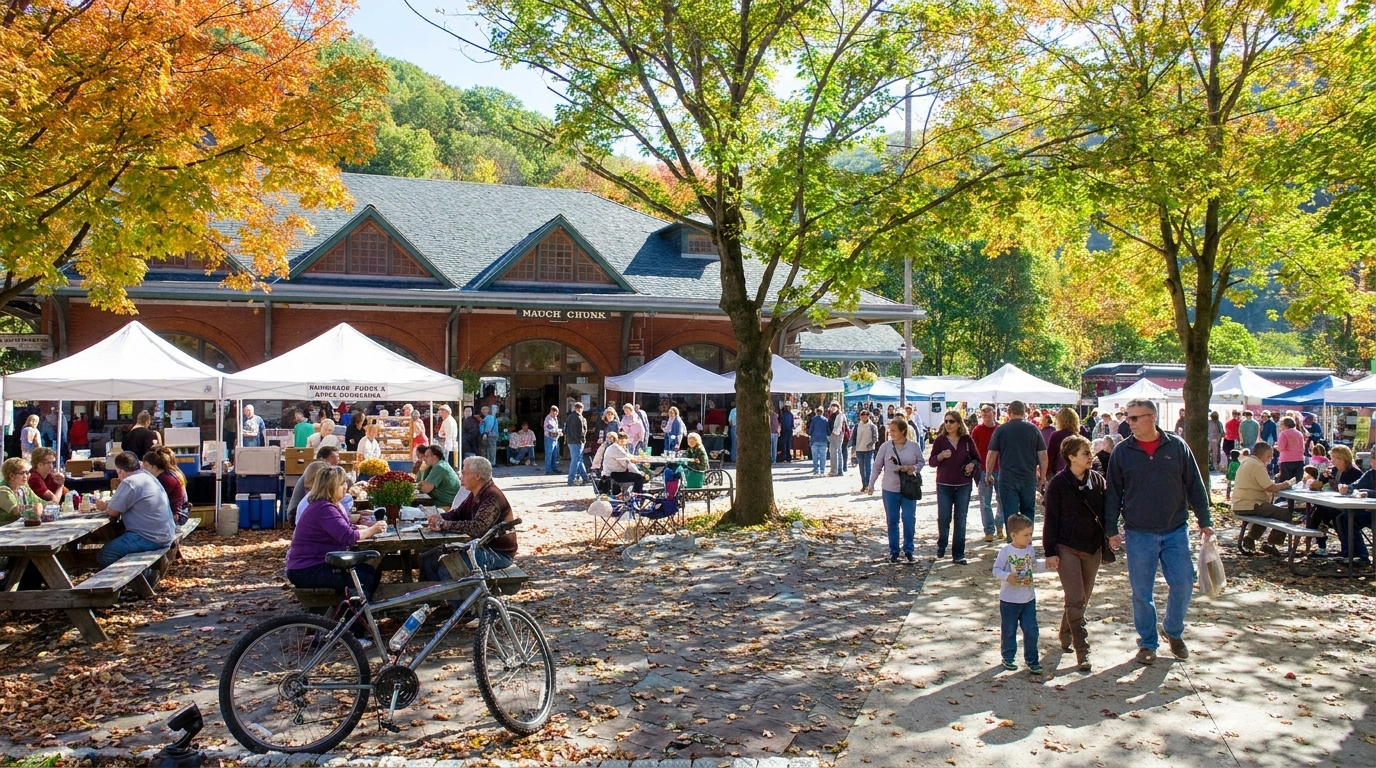 Outdoor café with people sitting and walking under autumn trees beside a brick building