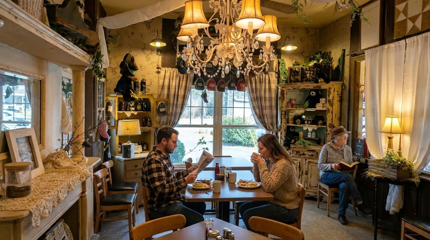 Cozy café with three people chatting at a table beneath a chandelier, warm light and window view