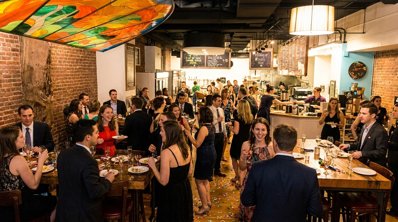 Guests mingle at a lively indoor event with tables, drinks, and warm ambient lighting.