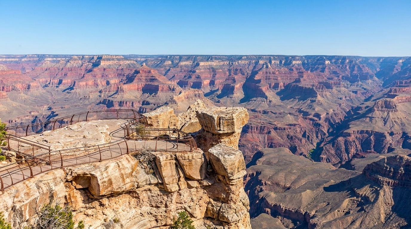 Grand Canyon vista with layered red cliffs and a lookout over a rocky ledge under a clear blue sky
