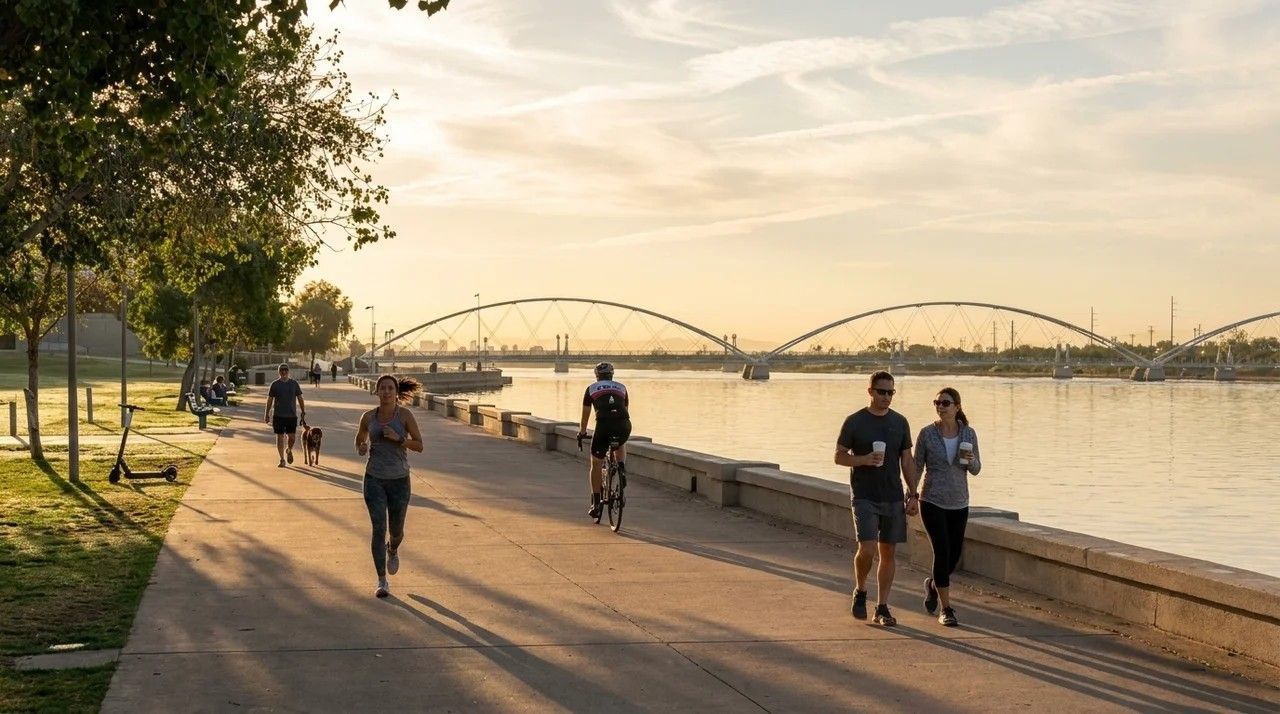 People walking and jogging along a riverside path at sunset with a bridge in the distance.