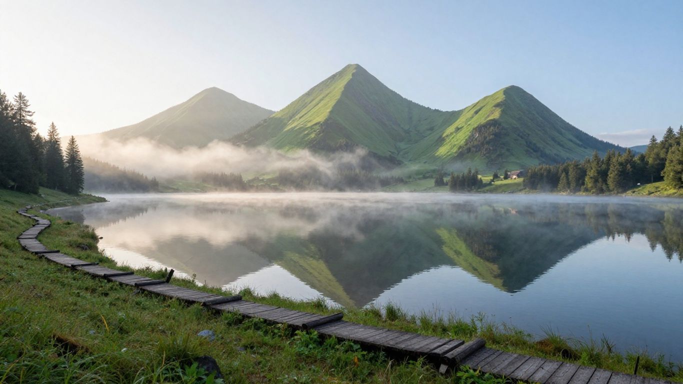 Mountain lake at sunrise with mist, mirrored peaks, and a rocky shoreline in the foreground