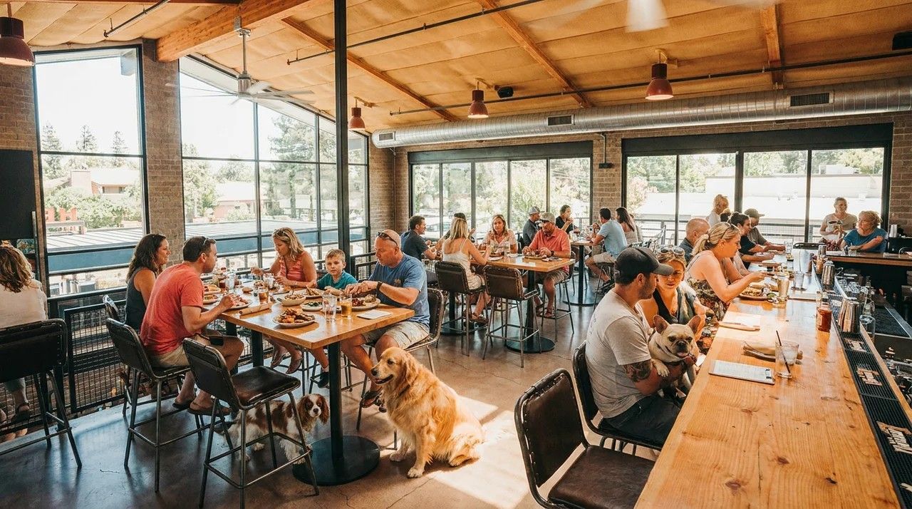 Bright café interior with people dining at wooden tables and sunlight streaming through large windows
