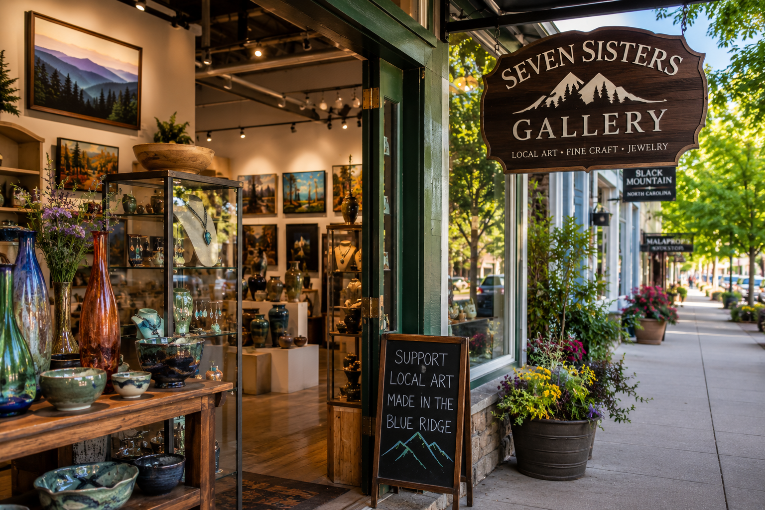 Storefront of Seven Sisters Gallery with outdoor art display and sidewalk chalkboard sign on a sunny street