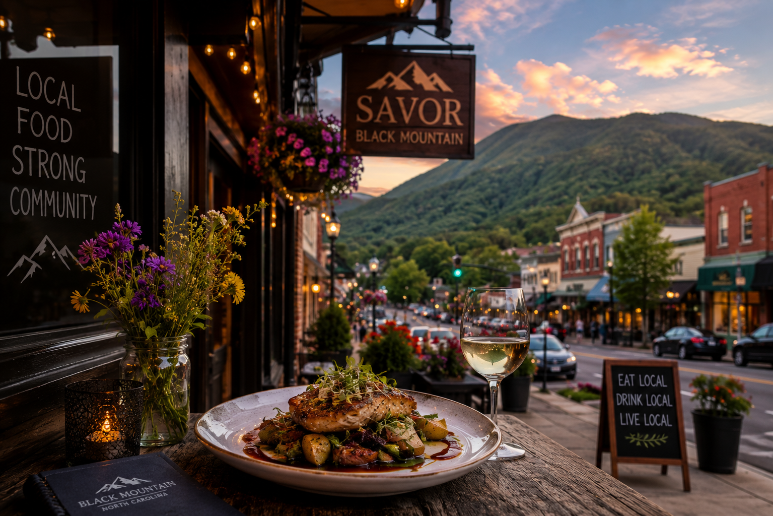 Mountain-town restaurant patio with plated food, chalkboard signs, flowers, and sunset over valley buildings