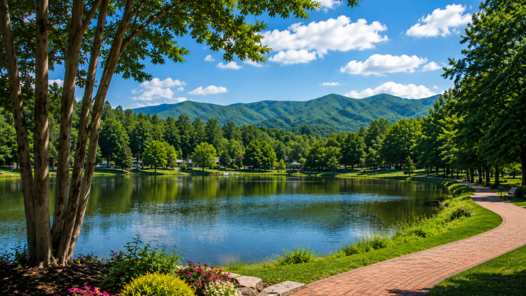 Scenic park lake with flower beds, winding brick path, trees, and mountains under a blue sky