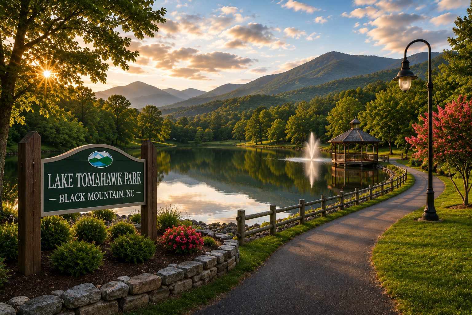 Lake mountain park sign by a calm lake, with fountain, flowers, trees, and mountains at sunset.