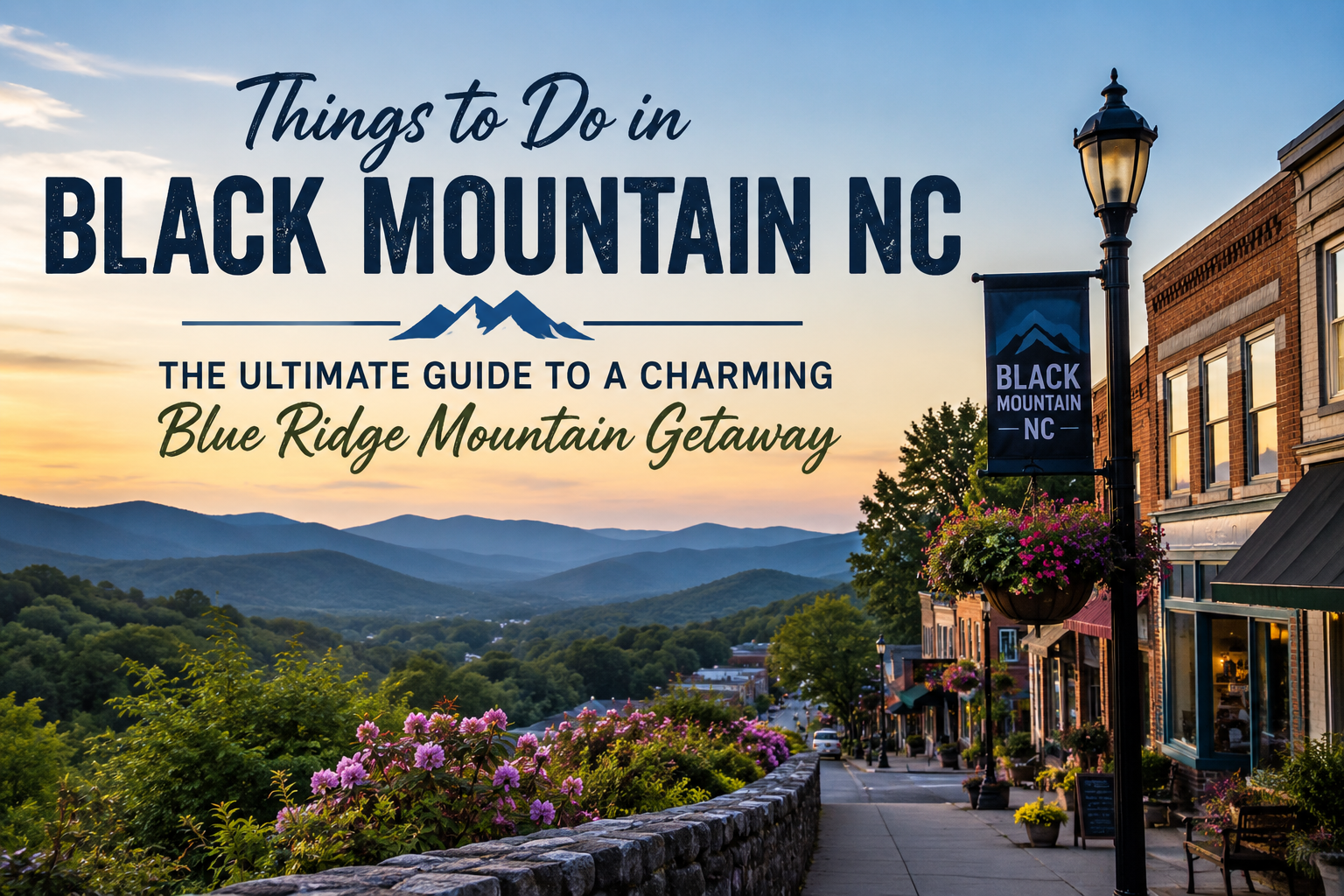 Black Mountain, NC travel guide graphic with Blue Ridge mountains, storefronts, and scenic sunset view
