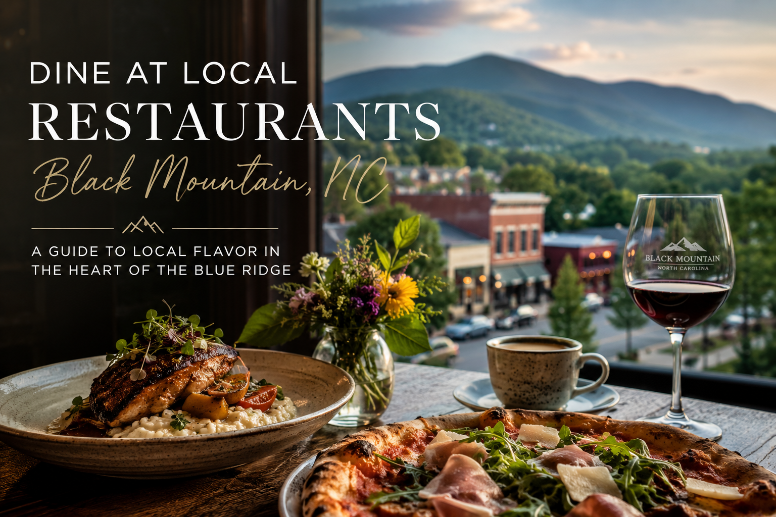 Restaurant dining atop Black Mountain with mountain views, steak, and wine at sunset