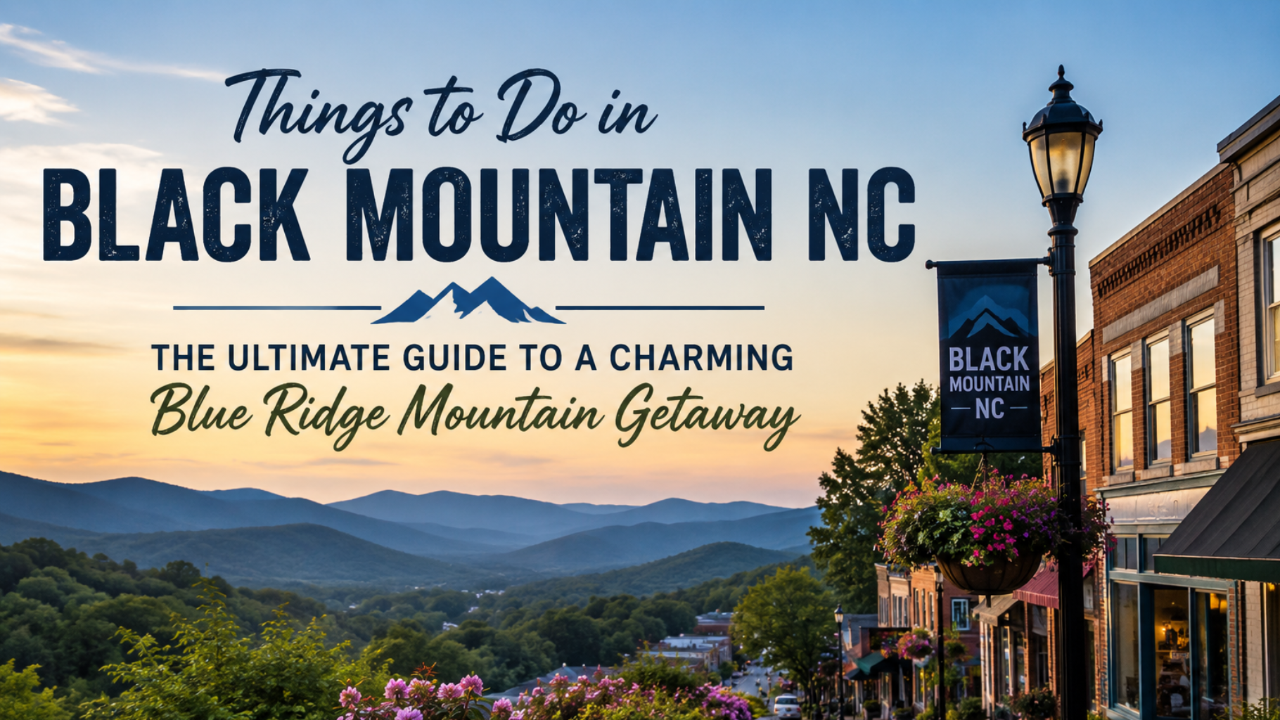 Black Mountain, NC, main street at sunset with mountain views and text “Things to Do in Black Mountain, NC”