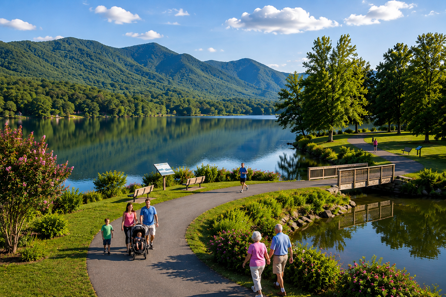 People walking along a lakeside path with mountains, trees, and blue sky reflected in calm water.