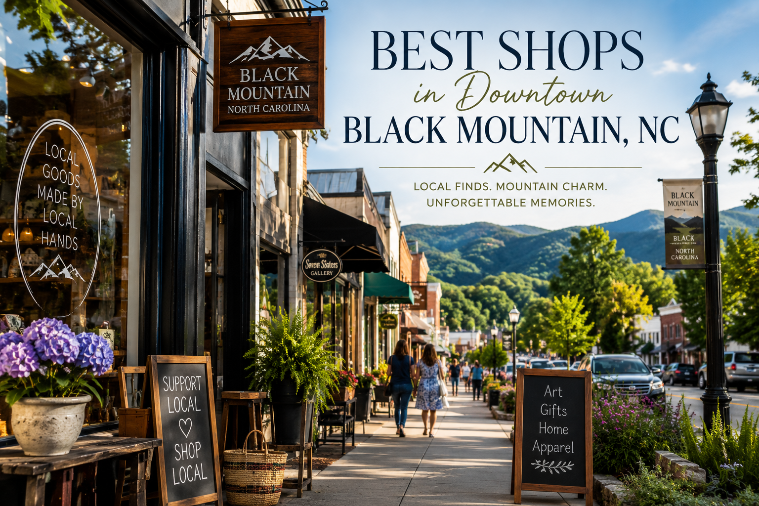 Downtown Black Mountain, NC shops and sidewalk cafe with mountains in the background under a “Best Shops” sign