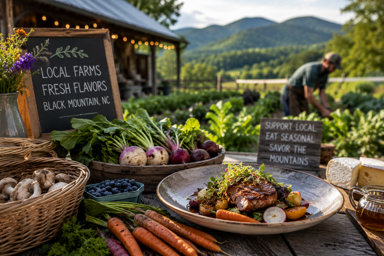 Local farm market table with fresh produce, bread, flowers, and a chalkboard sign in a mountain setting