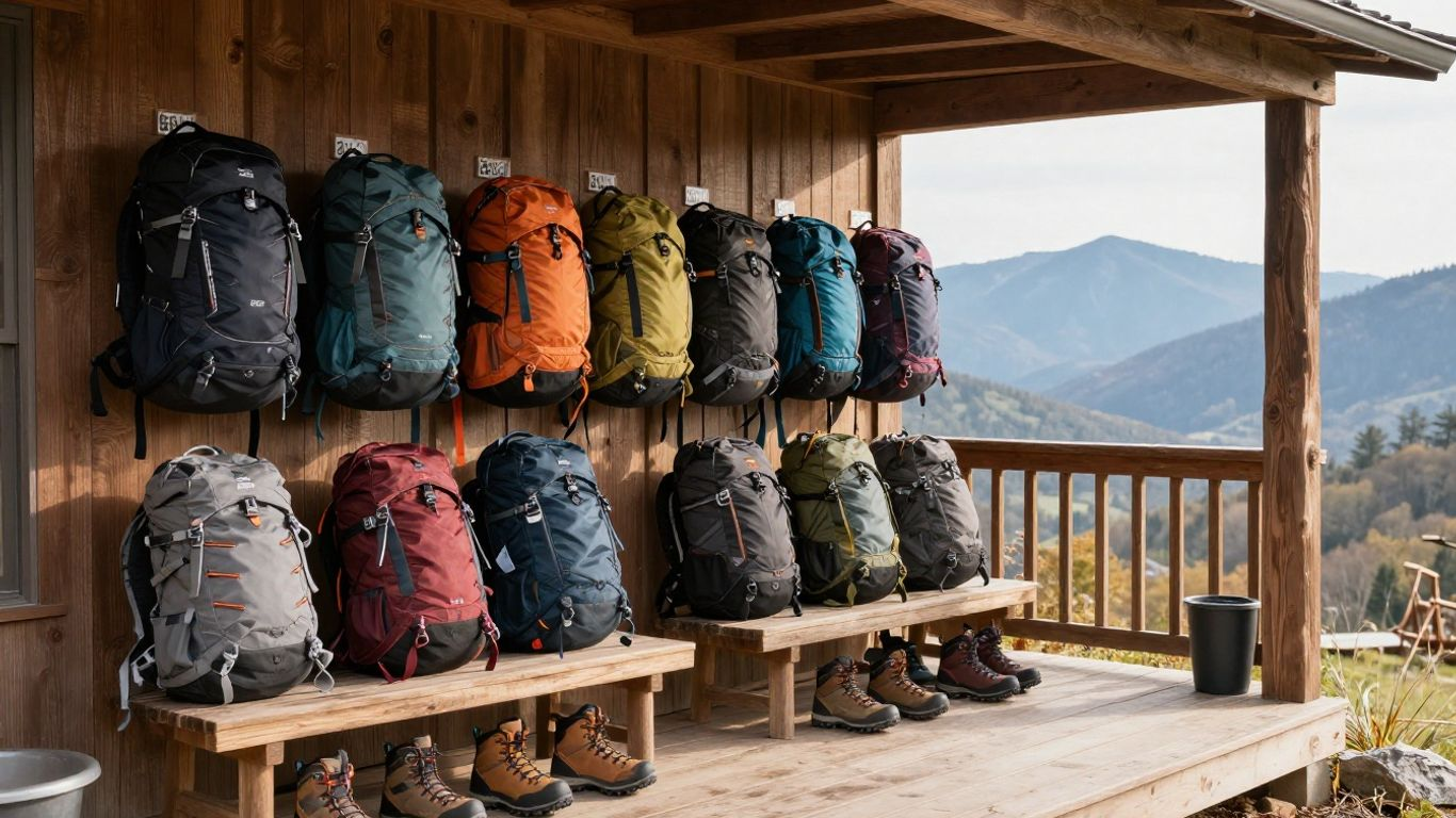 Colorful backpacks lined on wooden shelves on a mountain lodge porch with hills in the background