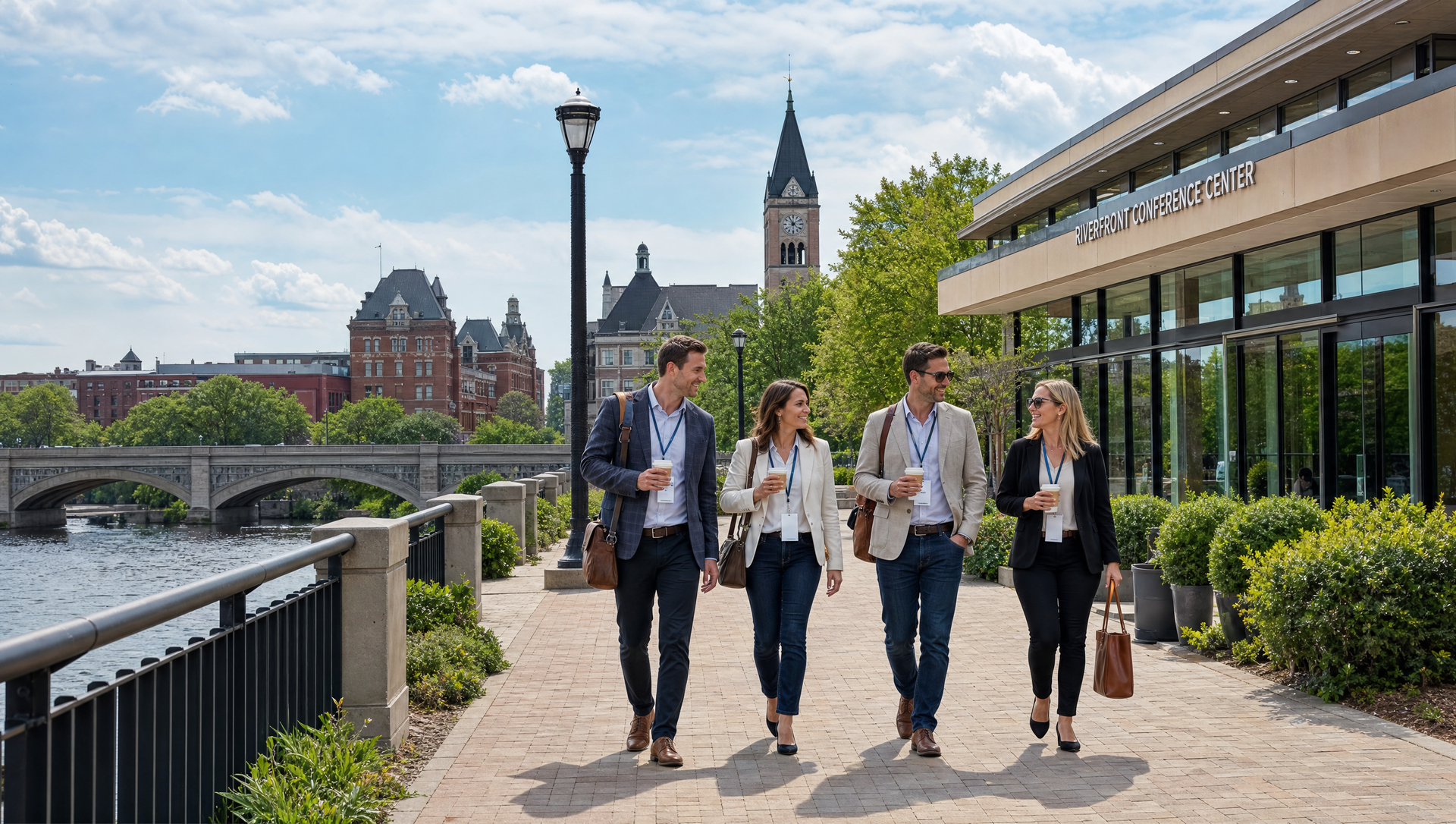 Four people walking along a riverside promenade beside a modern building and canal, with city landmarks in the background