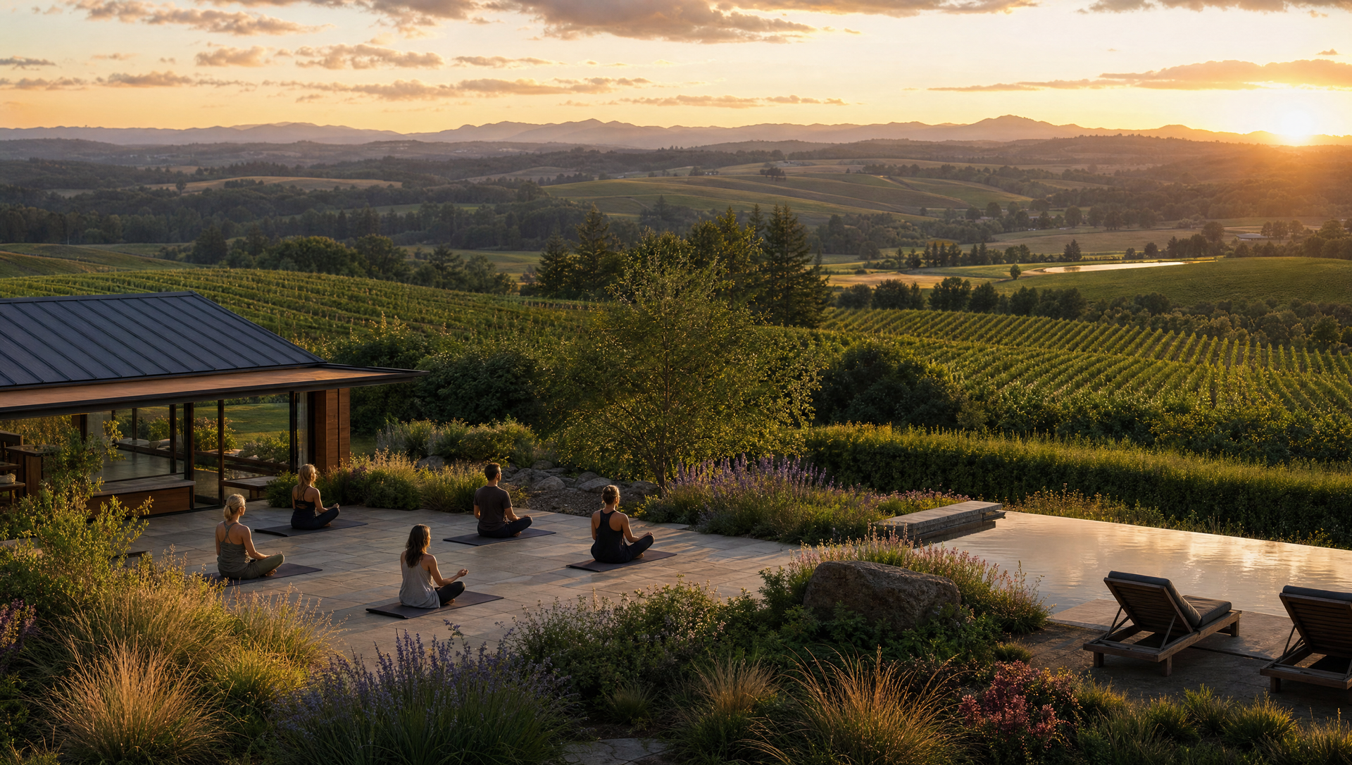 Sunset vineyard patio with seated people, a shaded pavilion, and rolling hills beyond.
