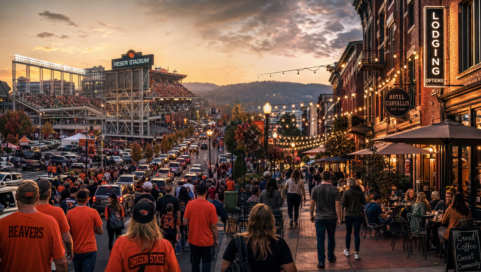 Crowded outdoor concert at sunset, with a lively street and lit buildings in a mountain town