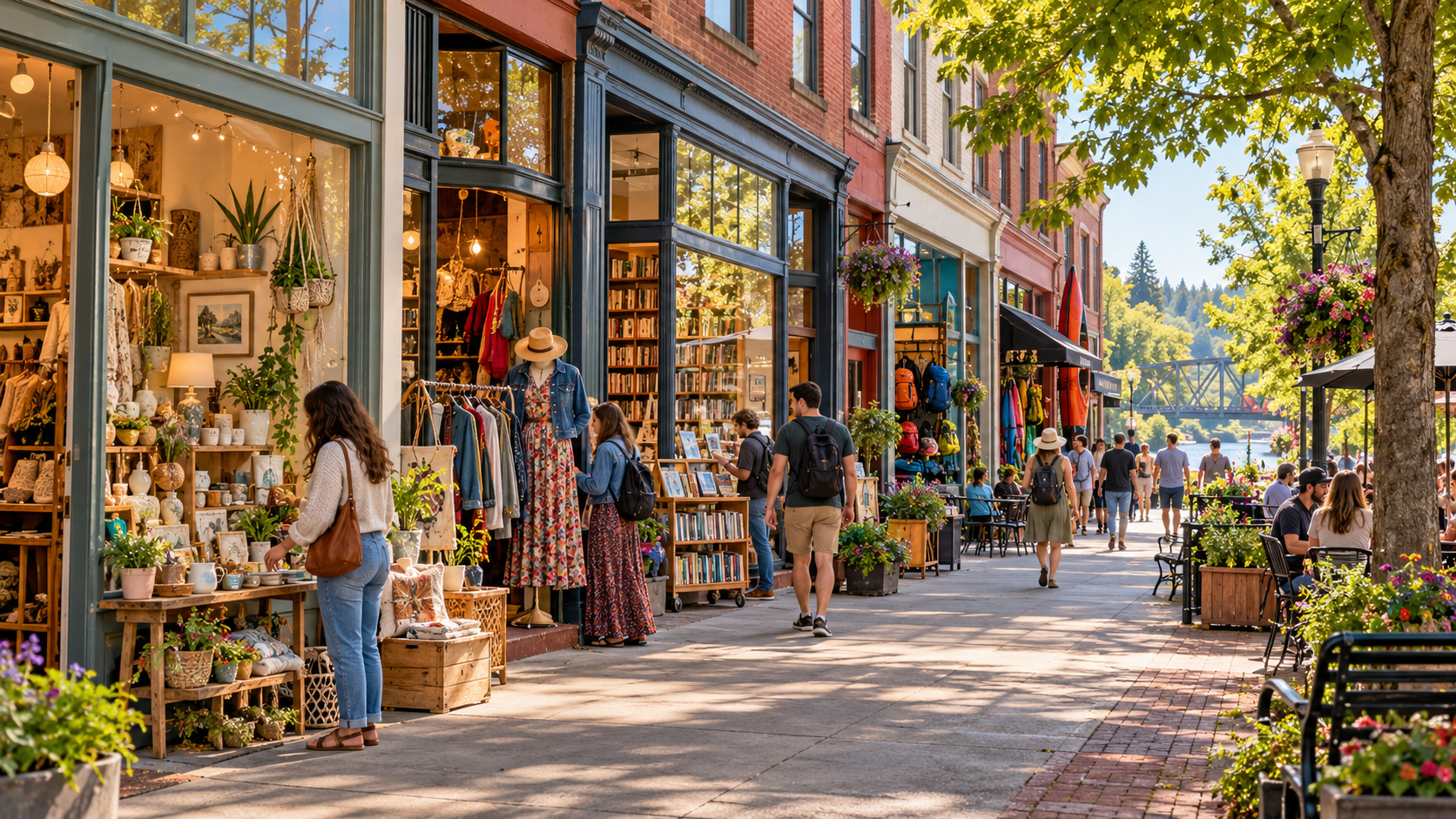 Sunny street with shoppers browsing colorful storefronts and outdoor displays on a lively pedestrian sidewalk