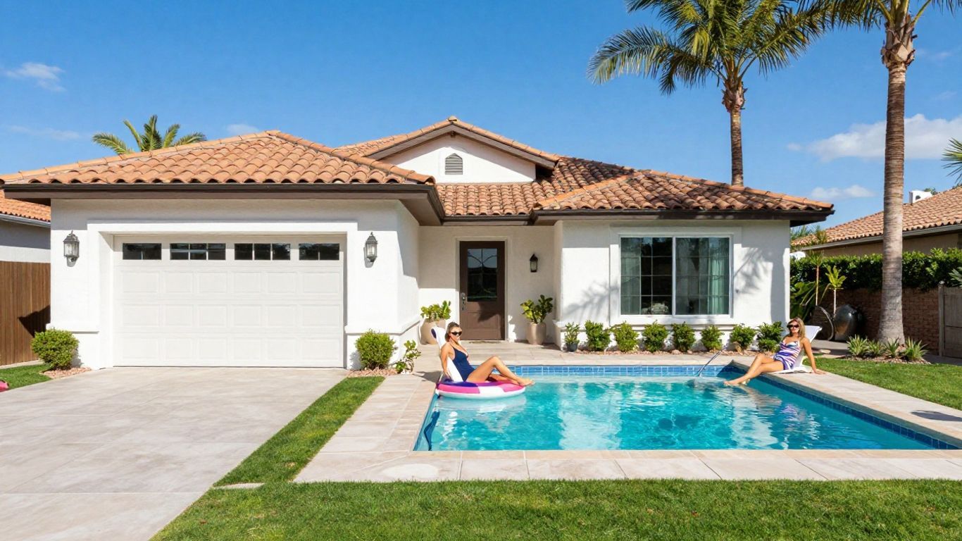 Modern suburban house with a pool, two people relaxing on floaties, and palm trees in the yard